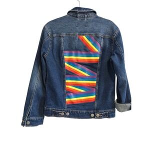 Pride Rainbow Love‎ Patch Denim Trucker Jacket Blue XS RN17730